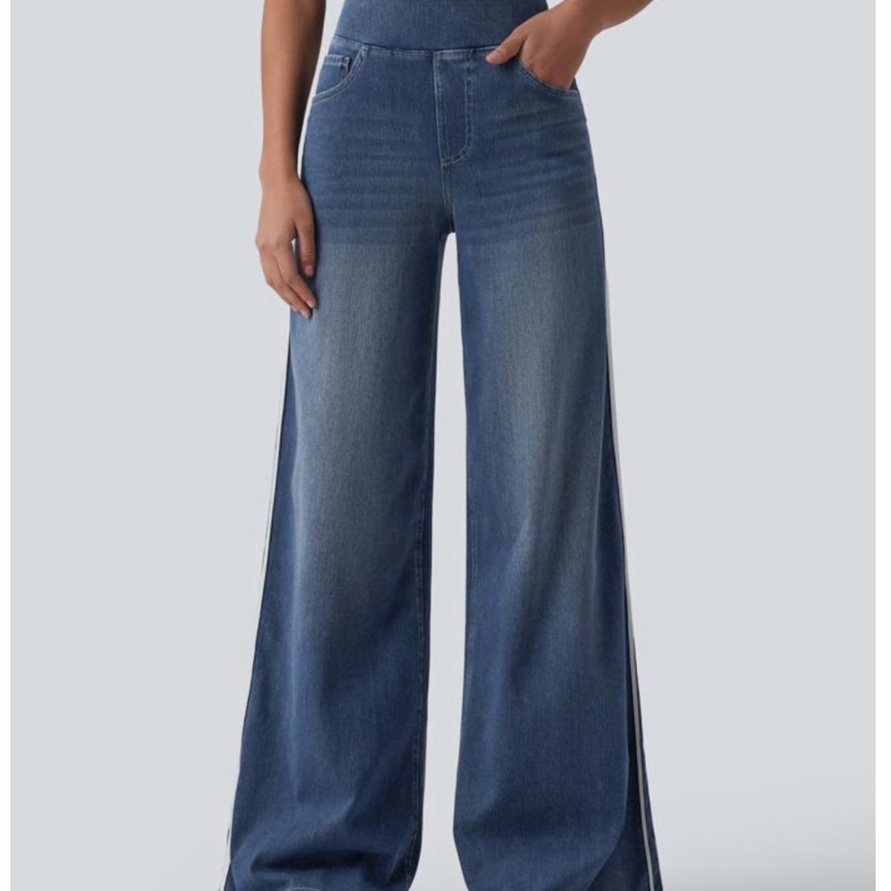 NWOT Halara Flex High Waisted Stripe Wide Leg Casual Jeans with Pockets - Size L